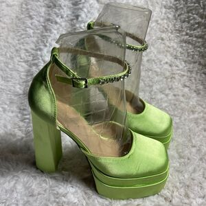 Stephan Satin lime Green platform square toe  rhinestone ankle strap heels SZ8.5